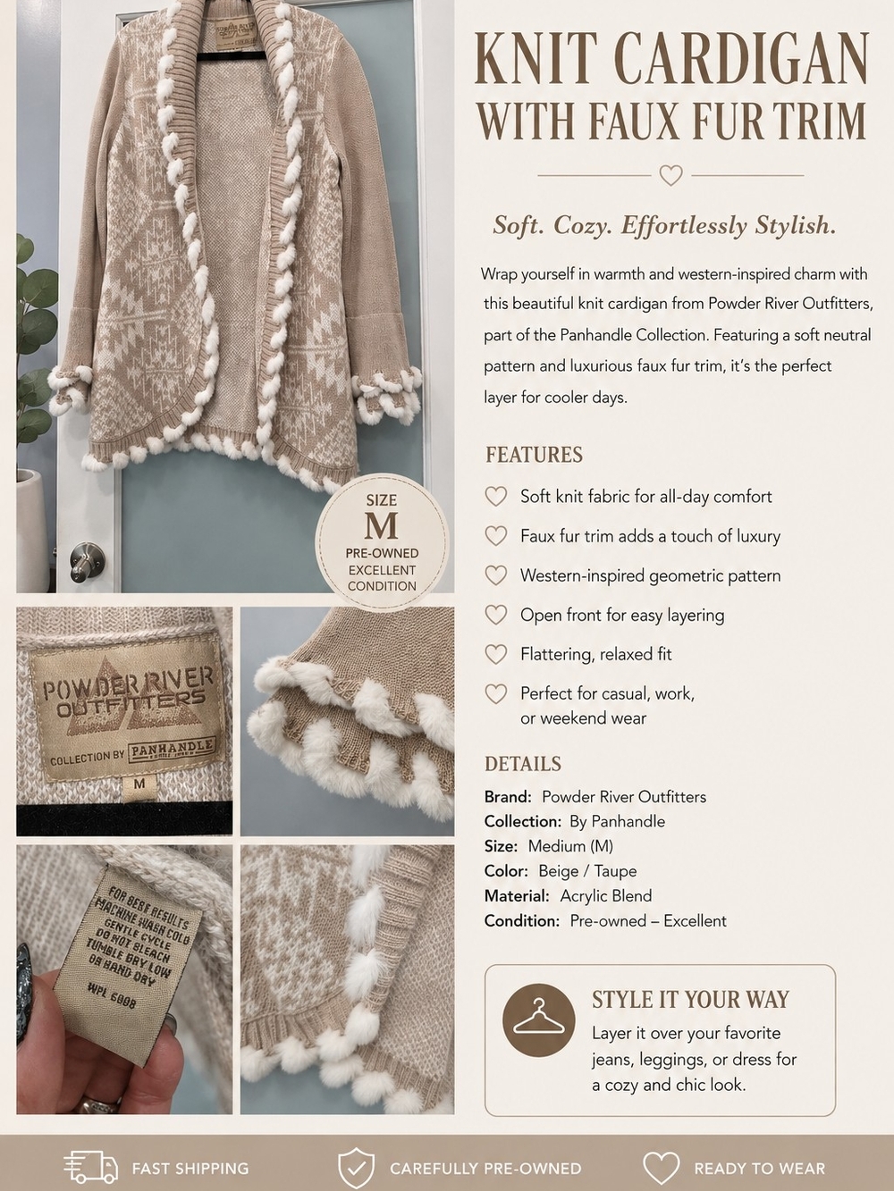 Beige/Taupe Knit Cardigan with Faux Fur Trim